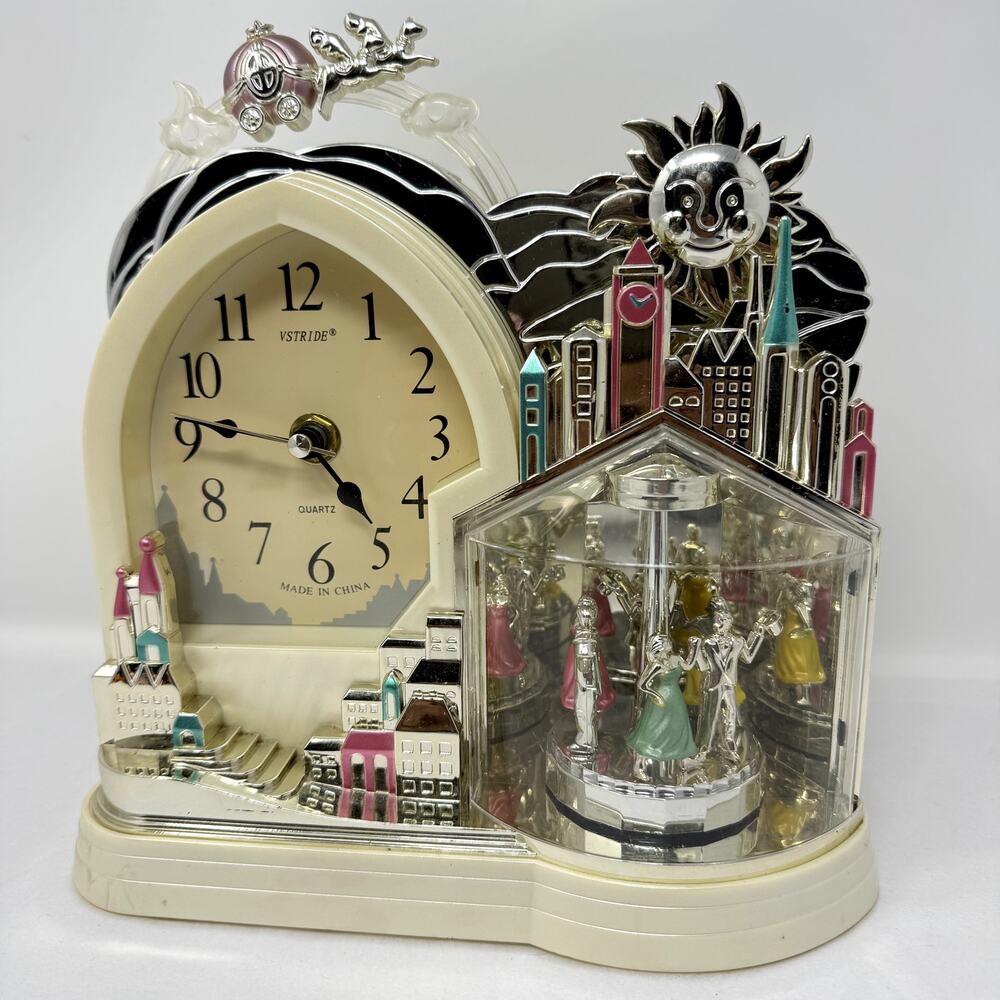 VSTRIDE Vintage Musical Revolving Figurine Carousel Clock City Scene Quartz